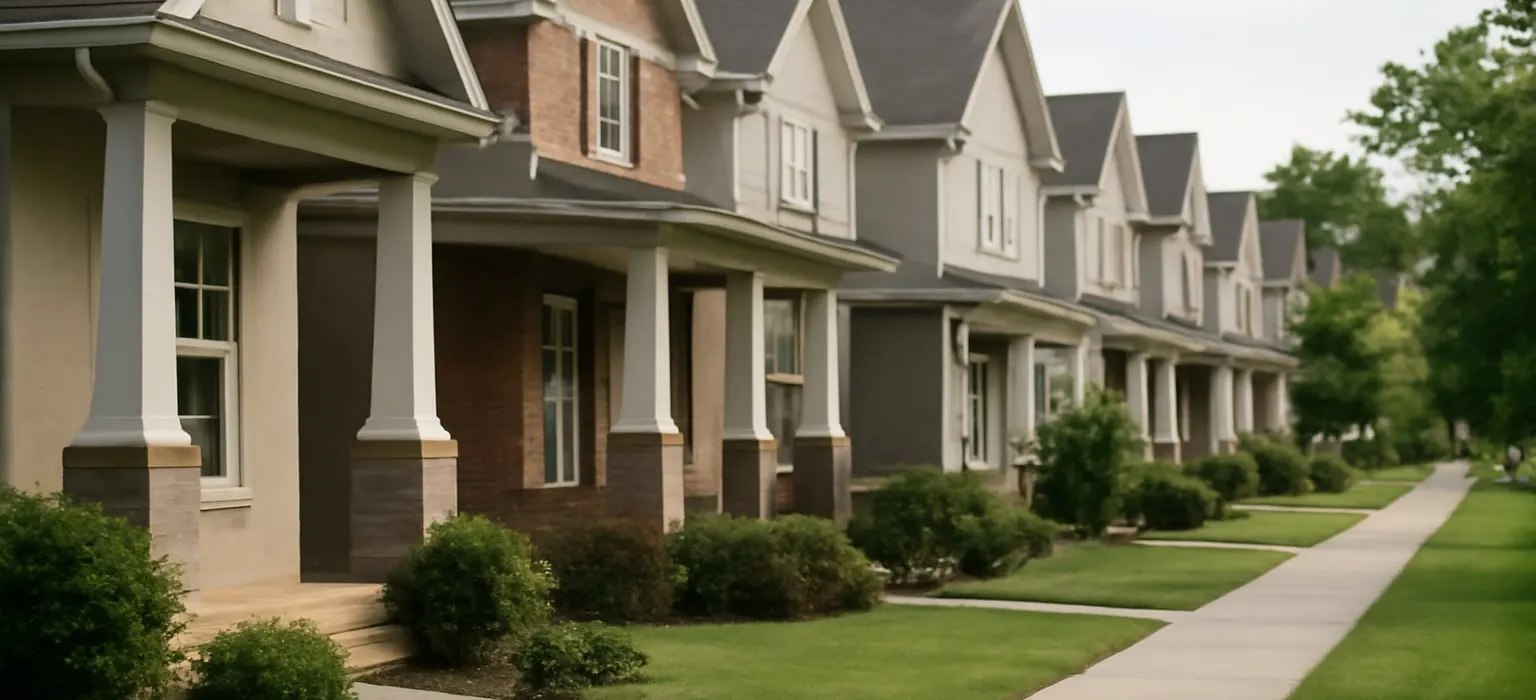 A quiet row of suburban houses with front lawns seen from across the street