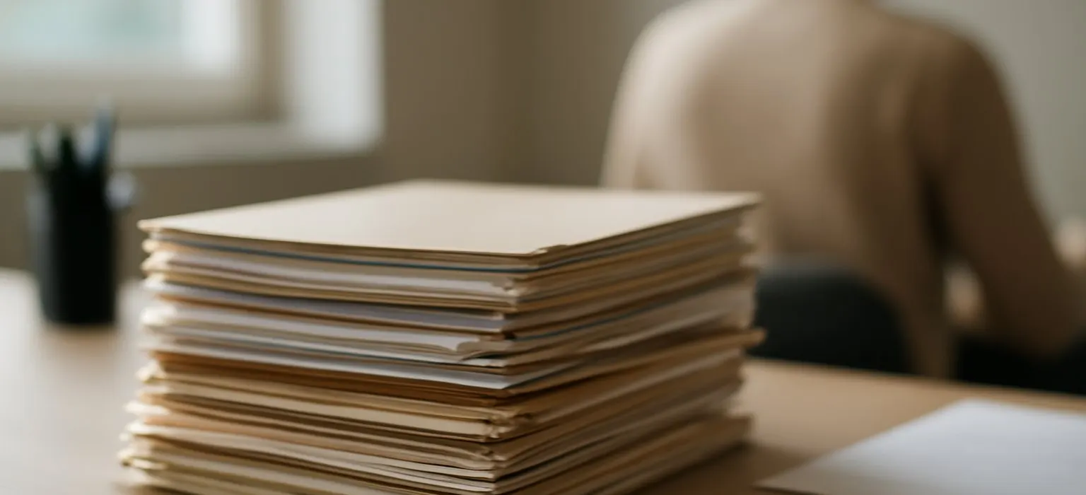 A neat stack of paper folders and files resting on a plain wooden desk