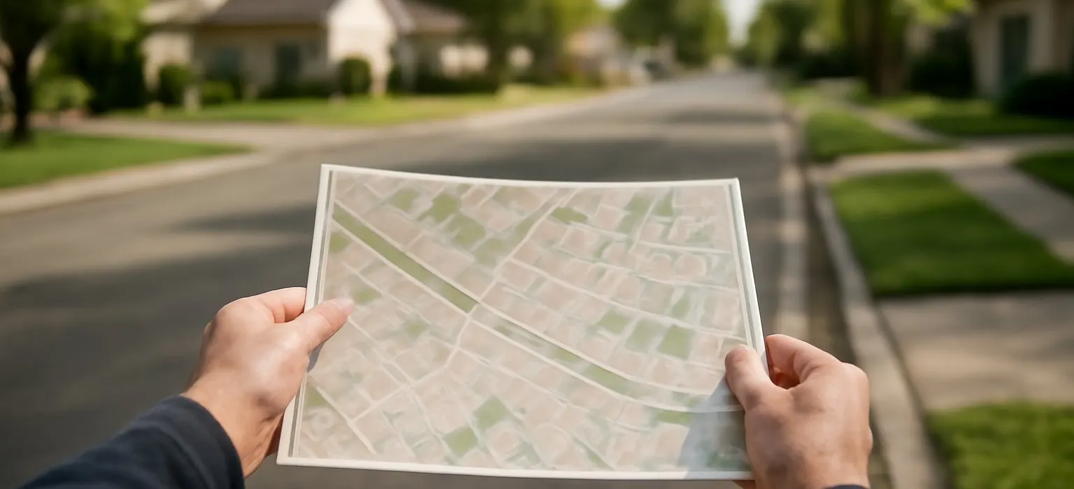 A paper street map of a quiet suburban neighborhood spread flat on a desk