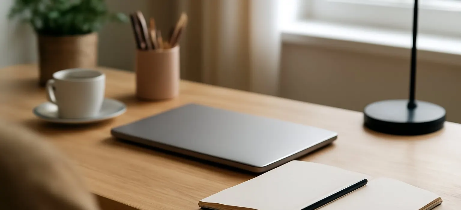A tidy home office desk with a closed laptop and a notebook