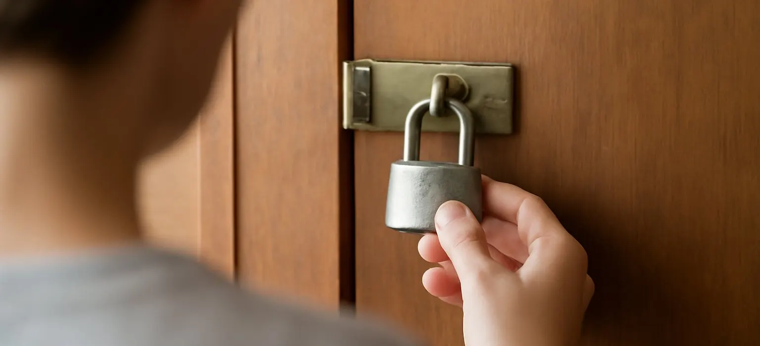 A closed wooden door secured with a simple metal padlock