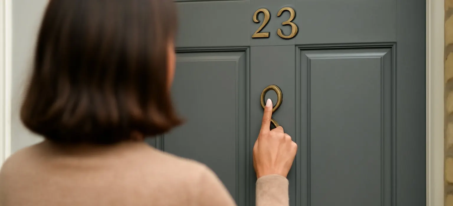 A plain front door with a house number plate beside it on a quiet street