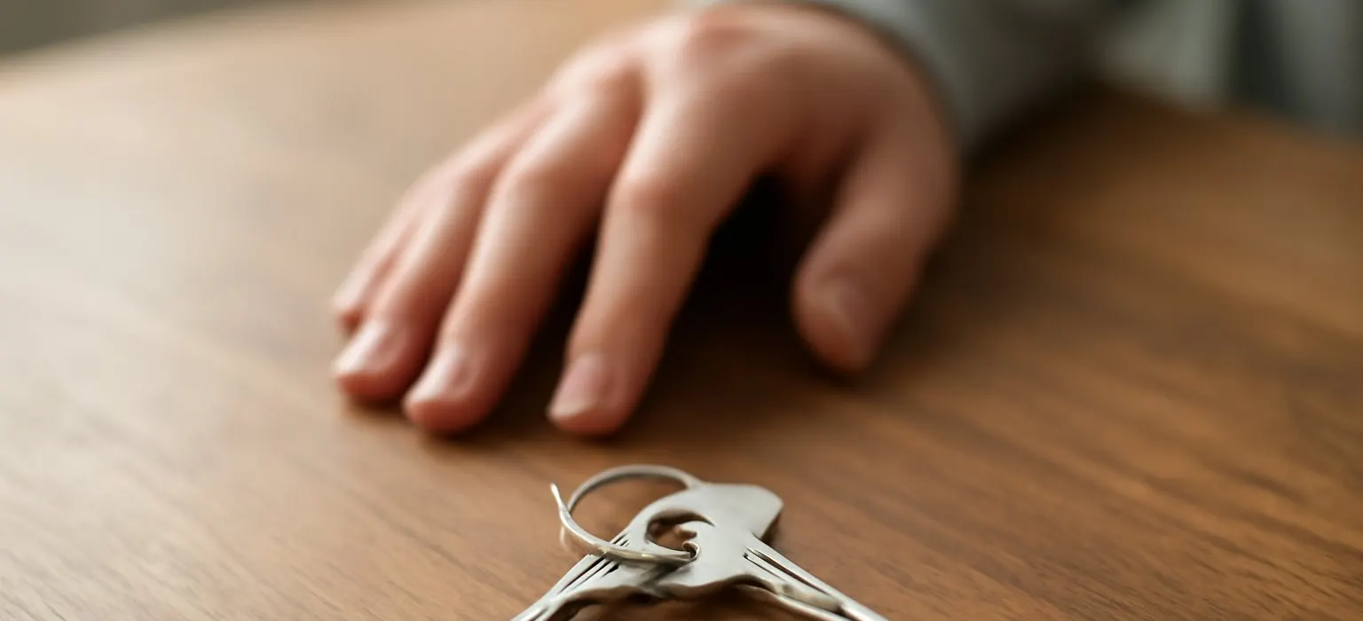 A set of house keys resting on a plain wooden table in soft daylight