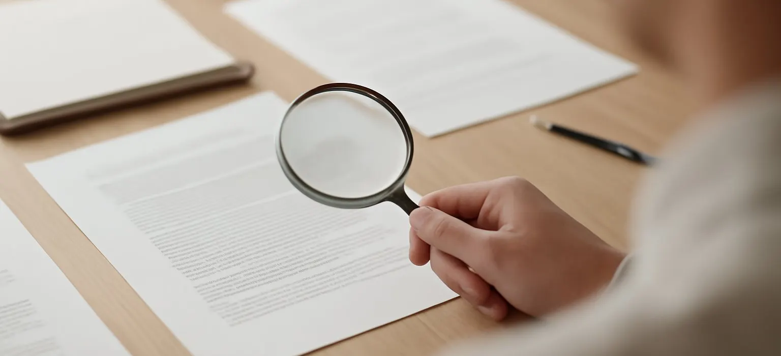 A magnifying glass resting on a stack of printed paper documents on a wooden table