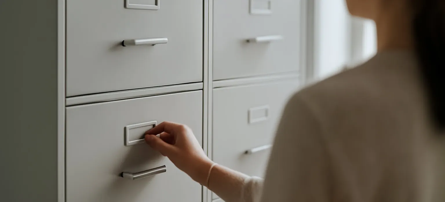 A row of closed metal filing cabinet drawers in a quiet, bright office