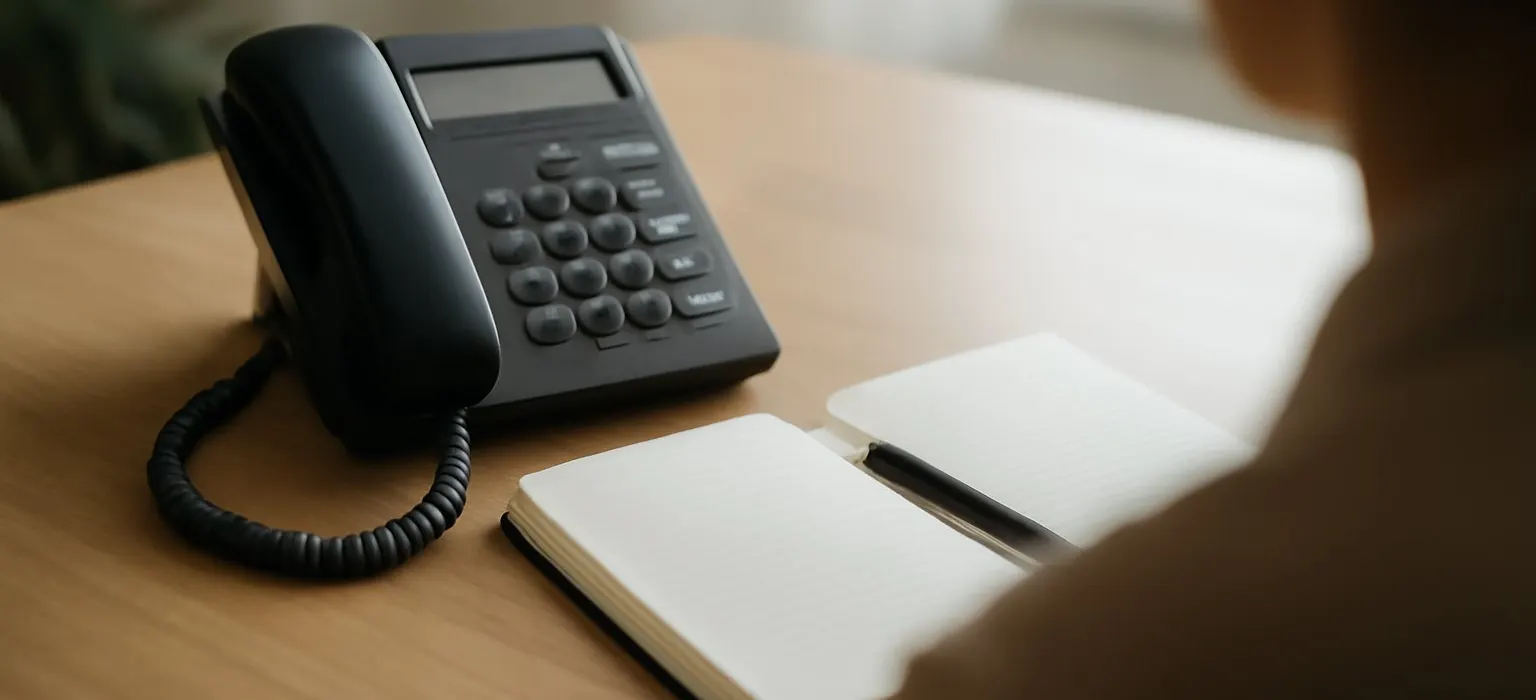 A desk phone beside a closed notebook and a pen on a wooden desk