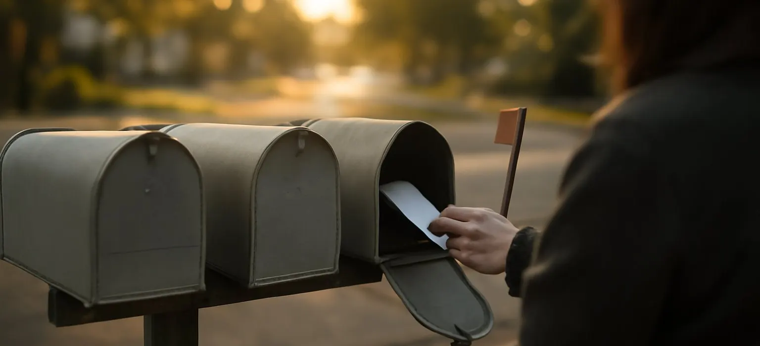 A row of curbside mailboxes along a quiet residential street in morning light