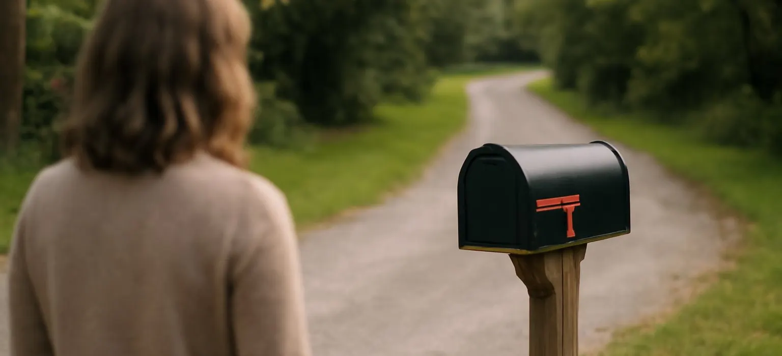 A metal mailbox on a post at the end of a quiet gravel driveway