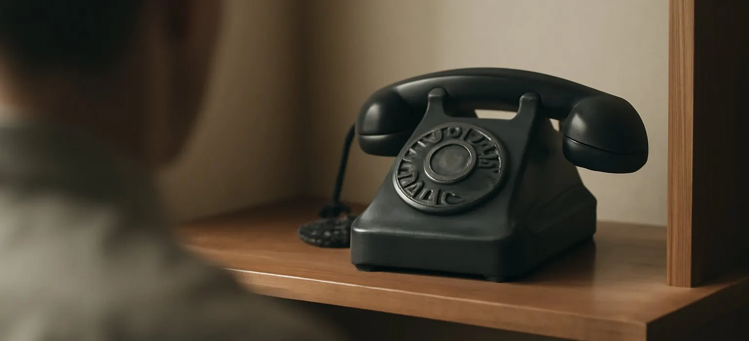 A vintage rotary telephone sitting on a plain wooden shelf against a pale wall