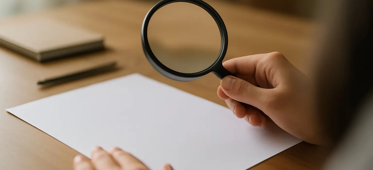 A magnifying glass lying on a blank sheet of paper on a light desk