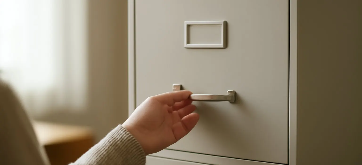 A closed gray metal filing cabinet drawer in a quiet office