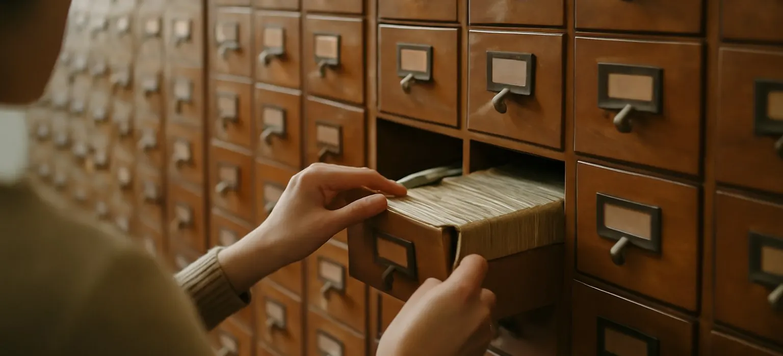 Rows of closed wooden card catalog drawers in a quiet library