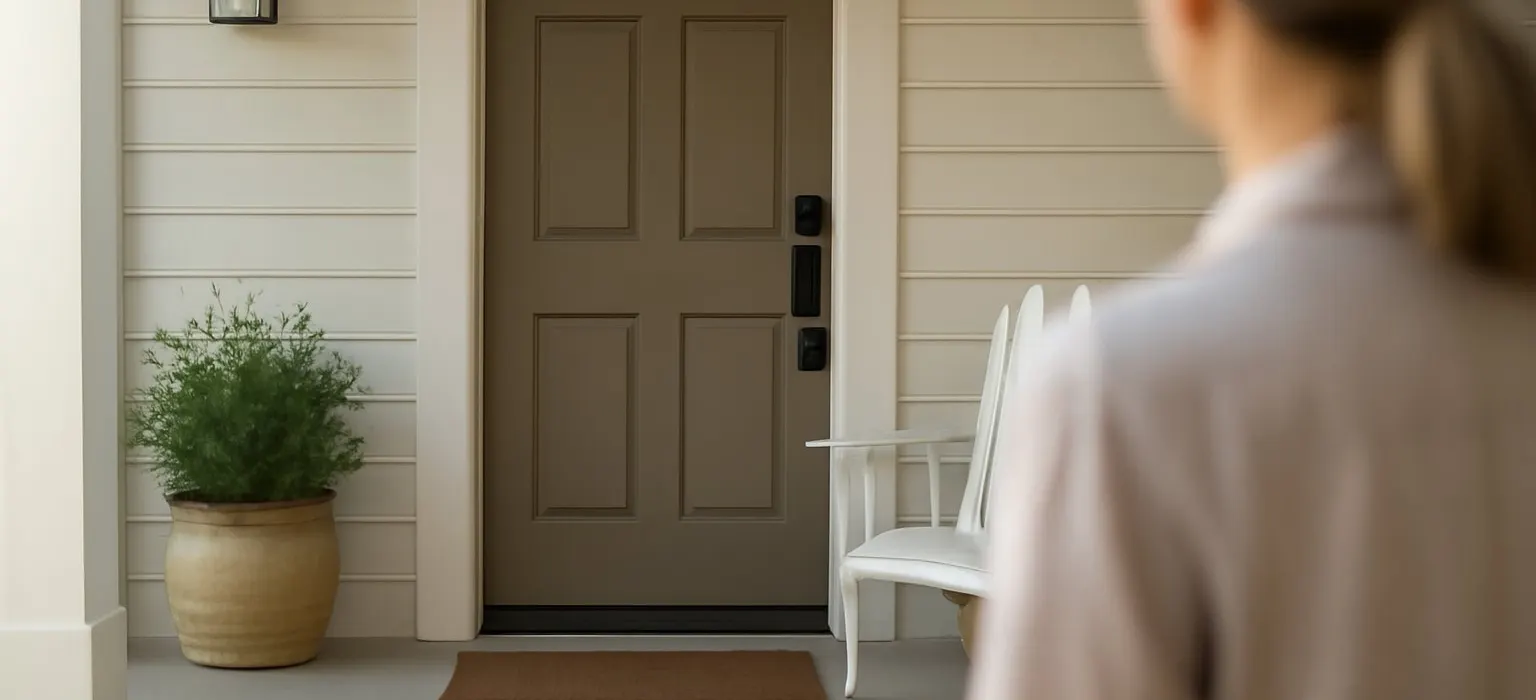 A calm front porch with a closed wooden door and a potted plant