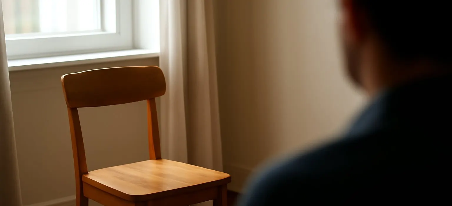 Soft daylight from a window falling on an empty chair in a quiet room