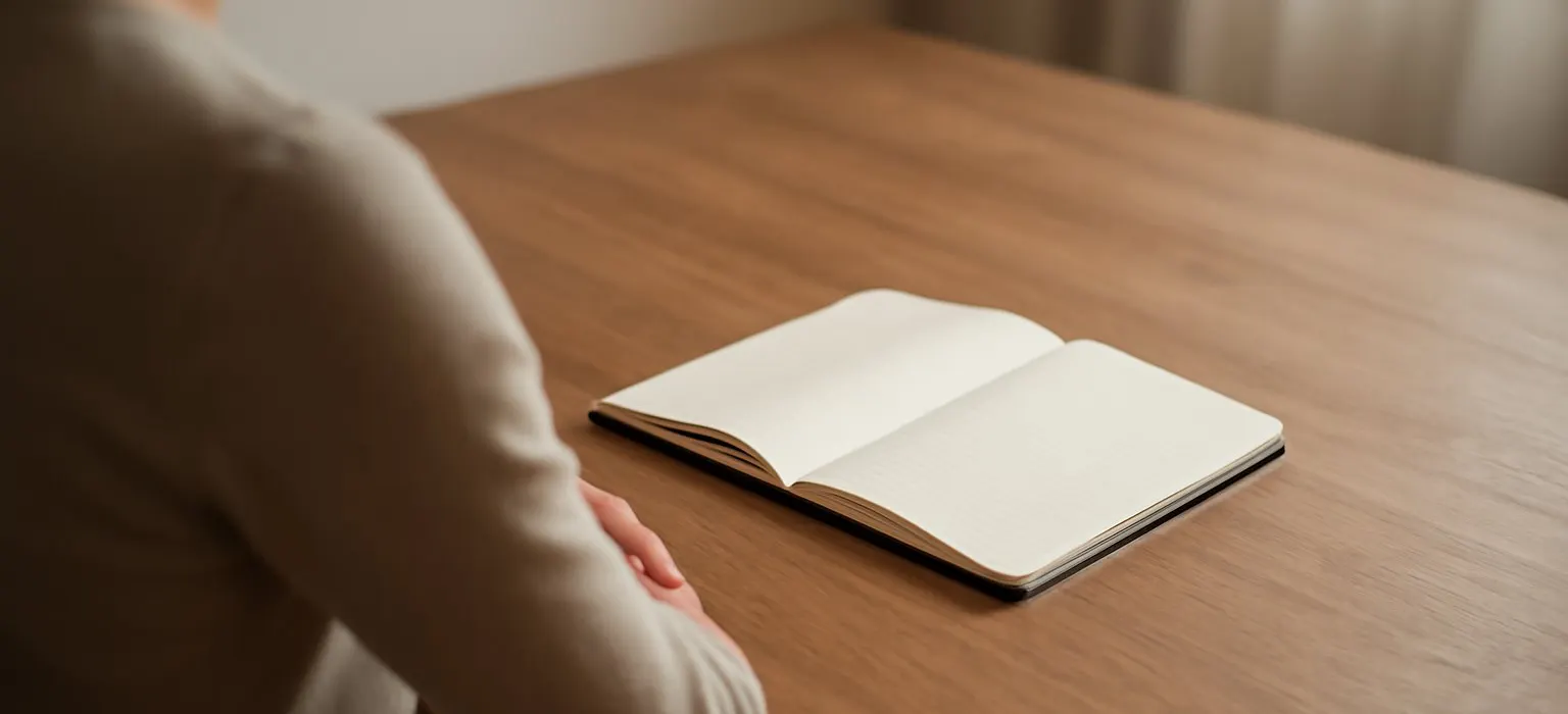 A tidy empty wooden desk with a closed notebook and a pen in morning light