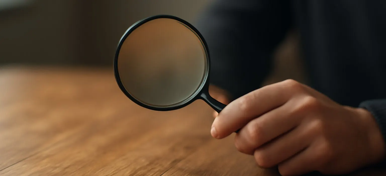 A magnifying glass resting on a plain wooden table in soft daylight