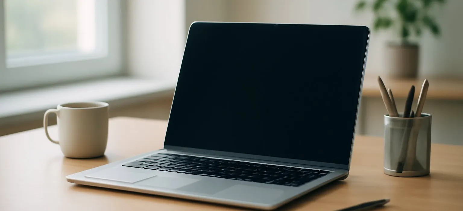 A tidy, empty office desk with a closed laptop and a notebook in daylight
