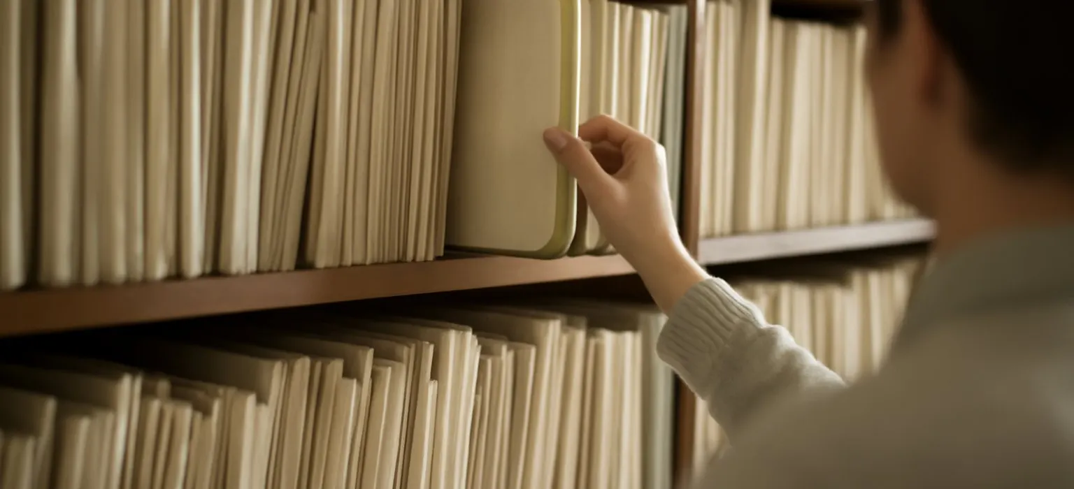 Stacks of paper files and folders on a plain archive shelf in soft light