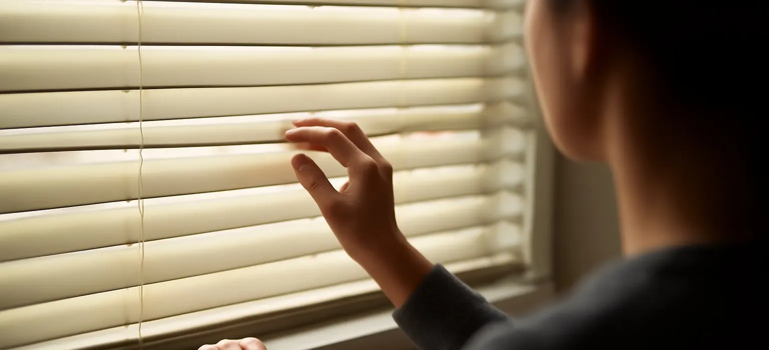 Closed window blinds with soft daylight filtering through the slats