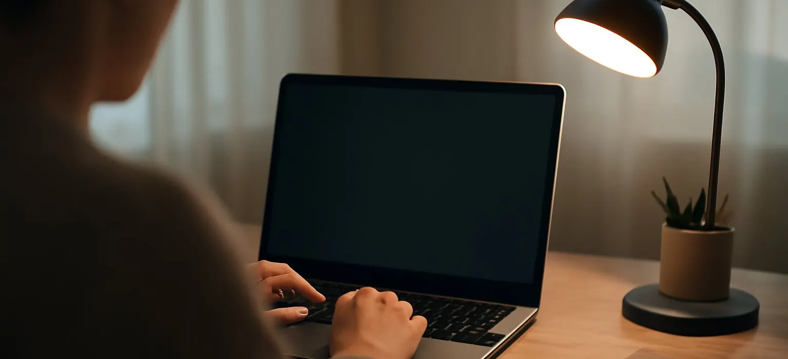 An open laptop on a desk lit by a small lamp in a quiet room