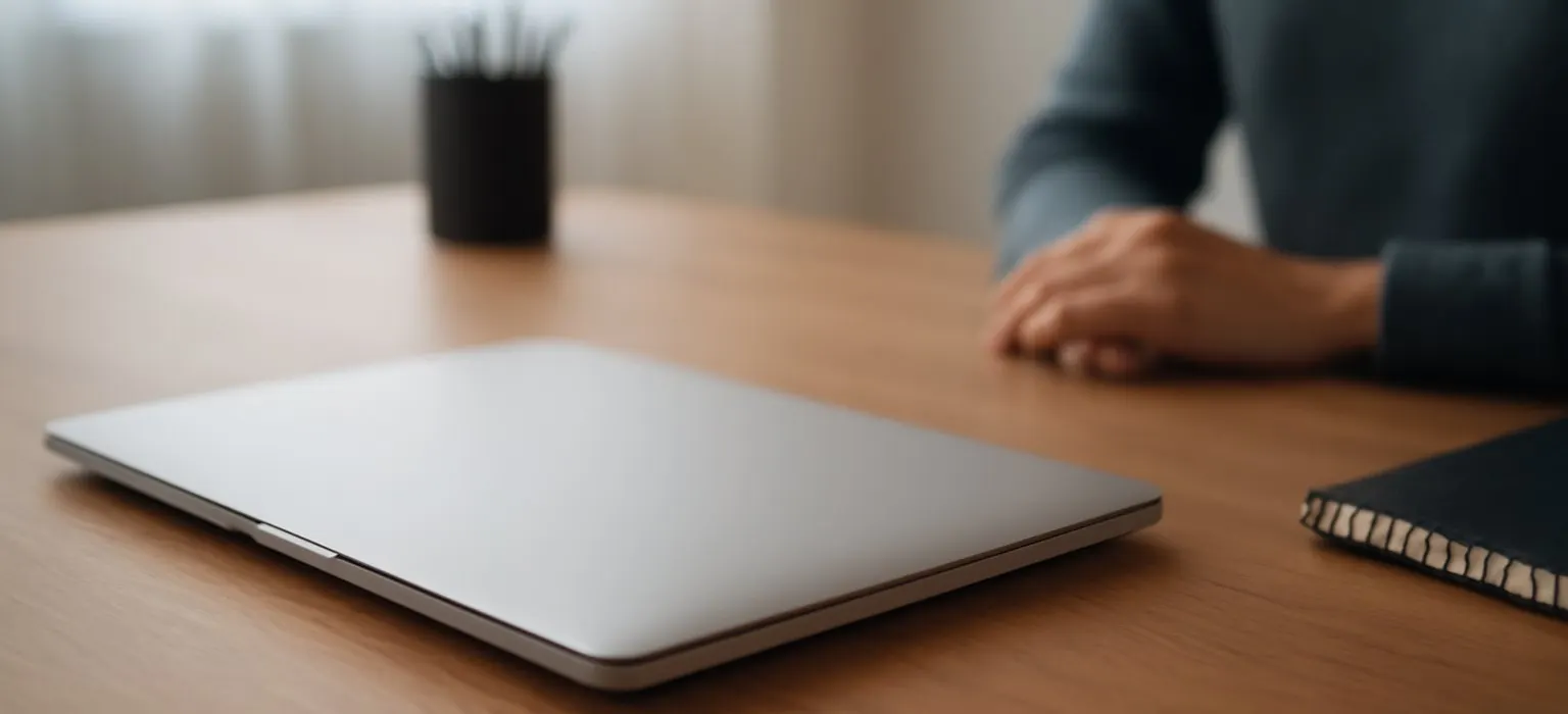 A closed laptop on a tidy wooden desk beside a mug and a small plant