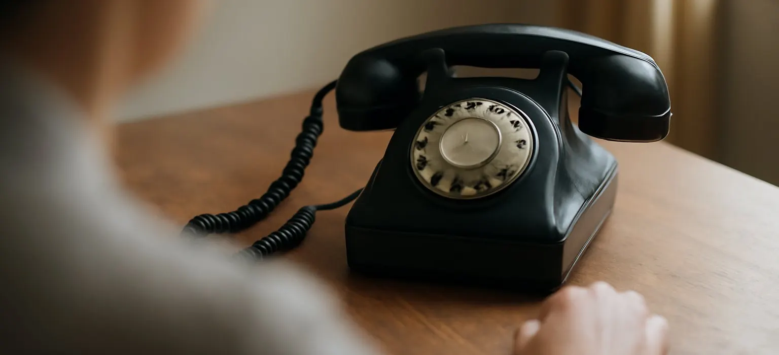 A vintage rotary telephone sitting on a small wooden side table