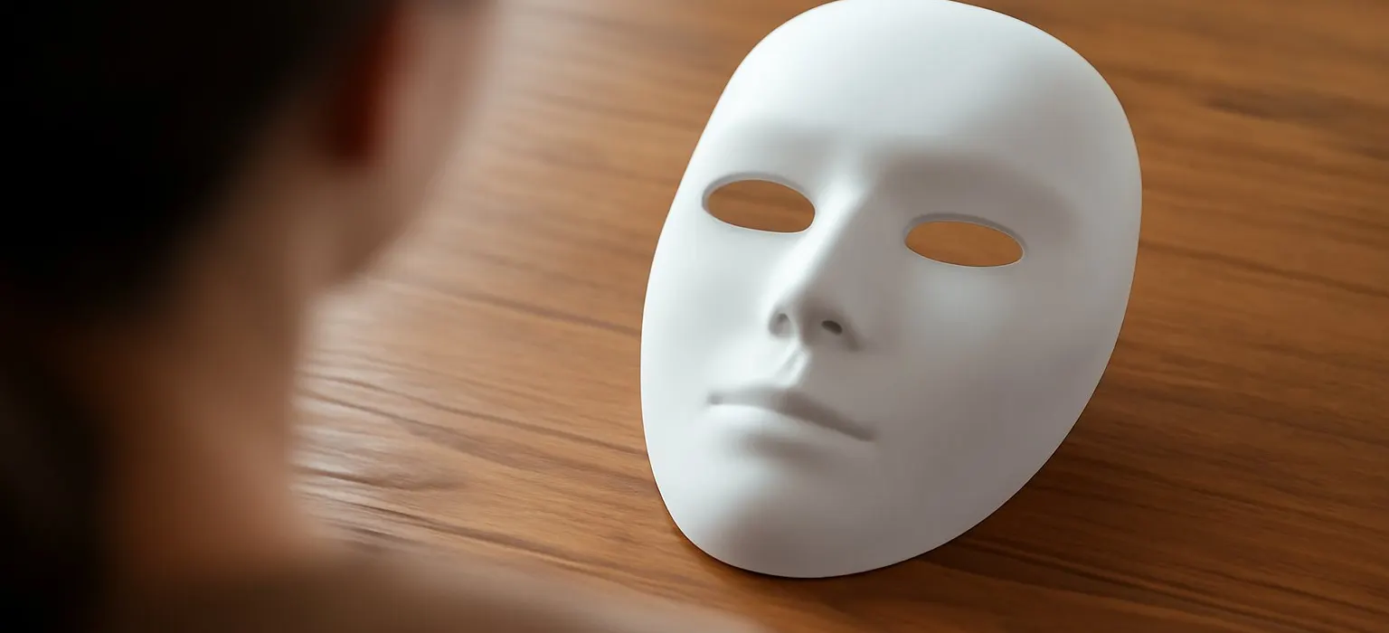 A plain white paper mask resting on a light wooden table in soft daylight