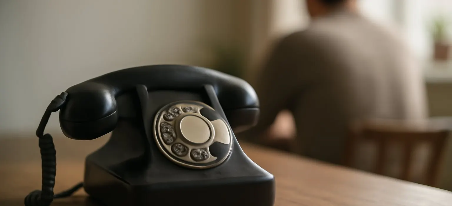 A vintage rotary telephone sitting on a plain wooden table