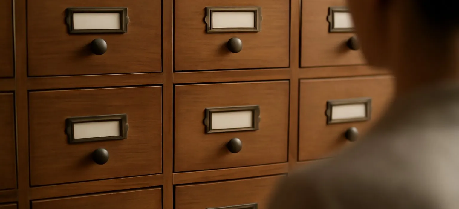 A set of closed wooden drawers with small blank labels in soft natural light