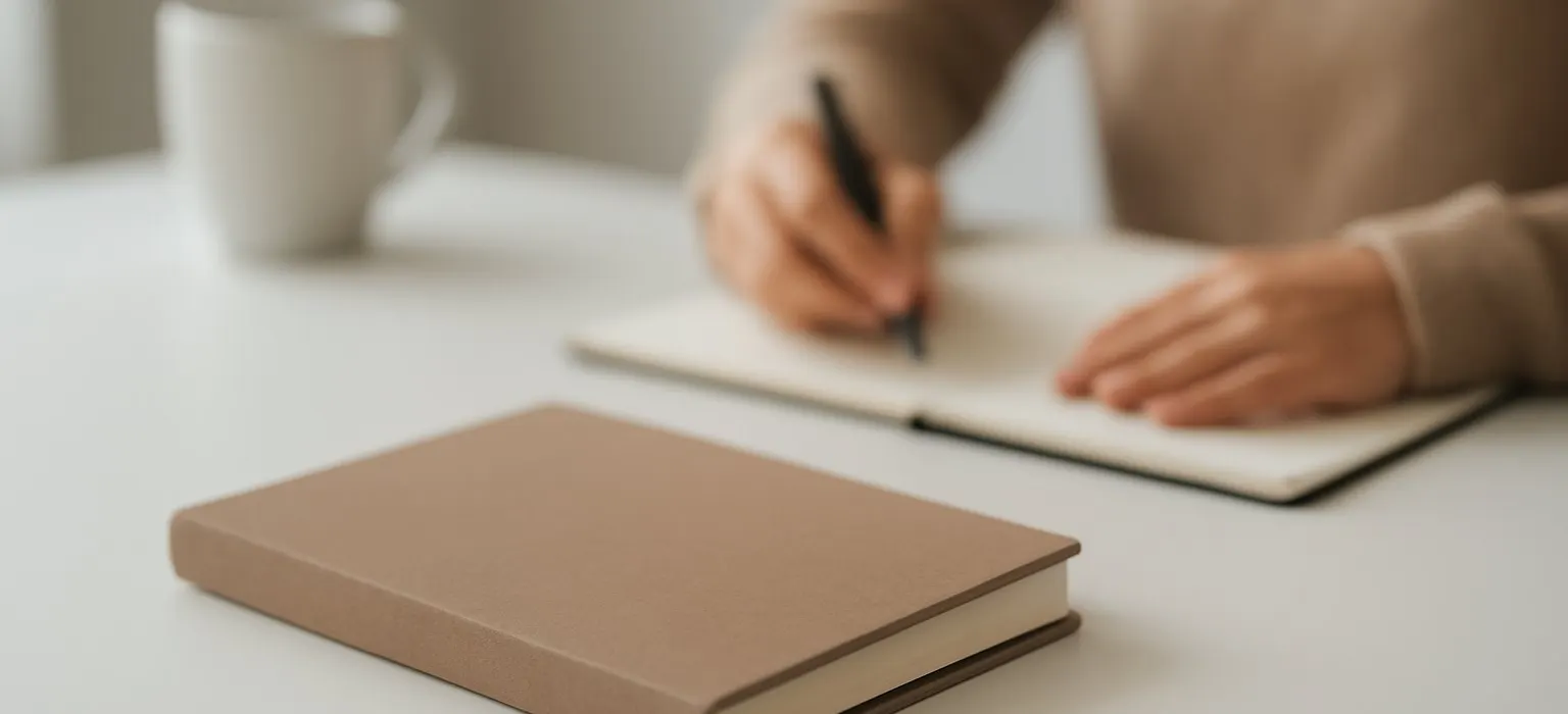 A closed paper notebook and a pen on a clean white desk in natural light