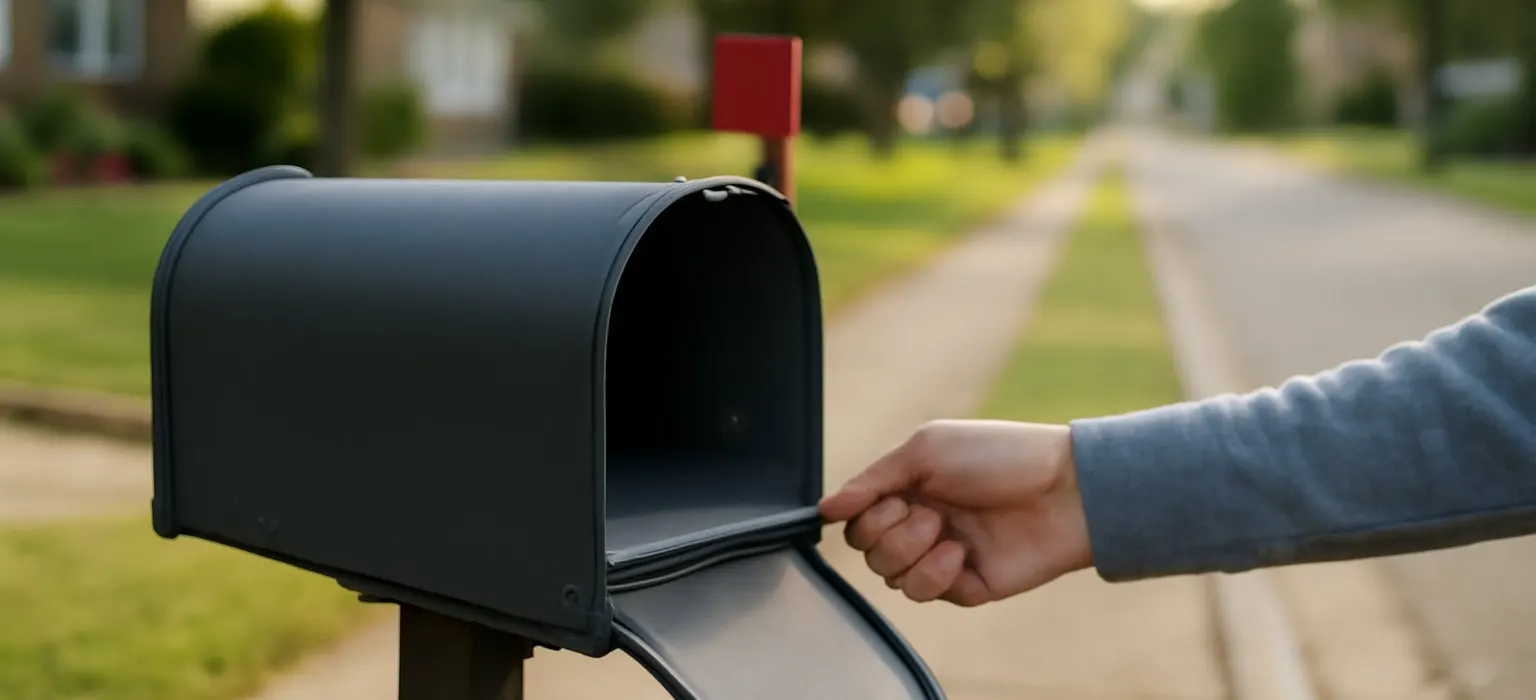 A plain metal mailbox beside a quiet suburban street on a clear morning