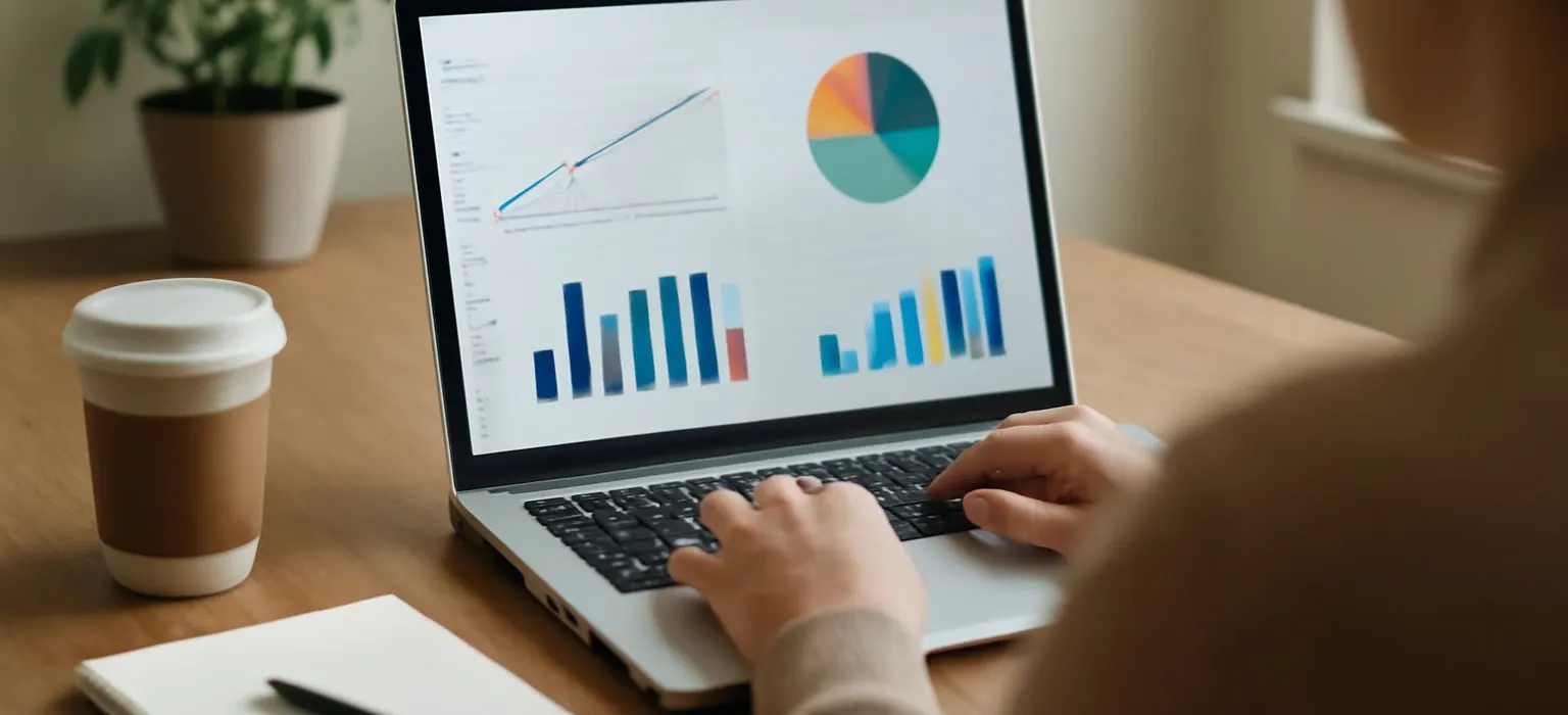 A laptop on a wooden desk showing a simple analytics dashboard beside a notebook and coffee