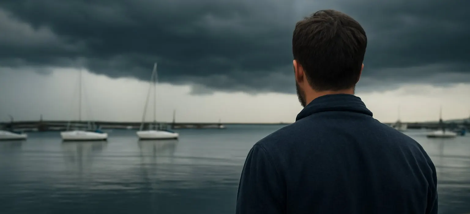Dark storm clouds gathering over a calm harbor with boats moored at the dock