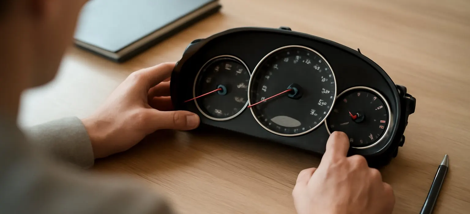 A simple dashboard with gauges and charts on a laptop screen on a tidy desk