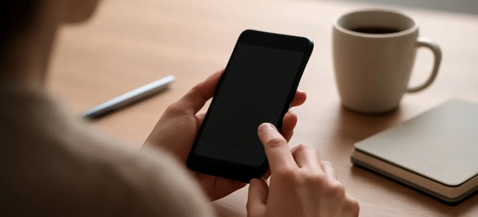 A smartphone resting on a desk with its screen dimmed beside a cup of coffee