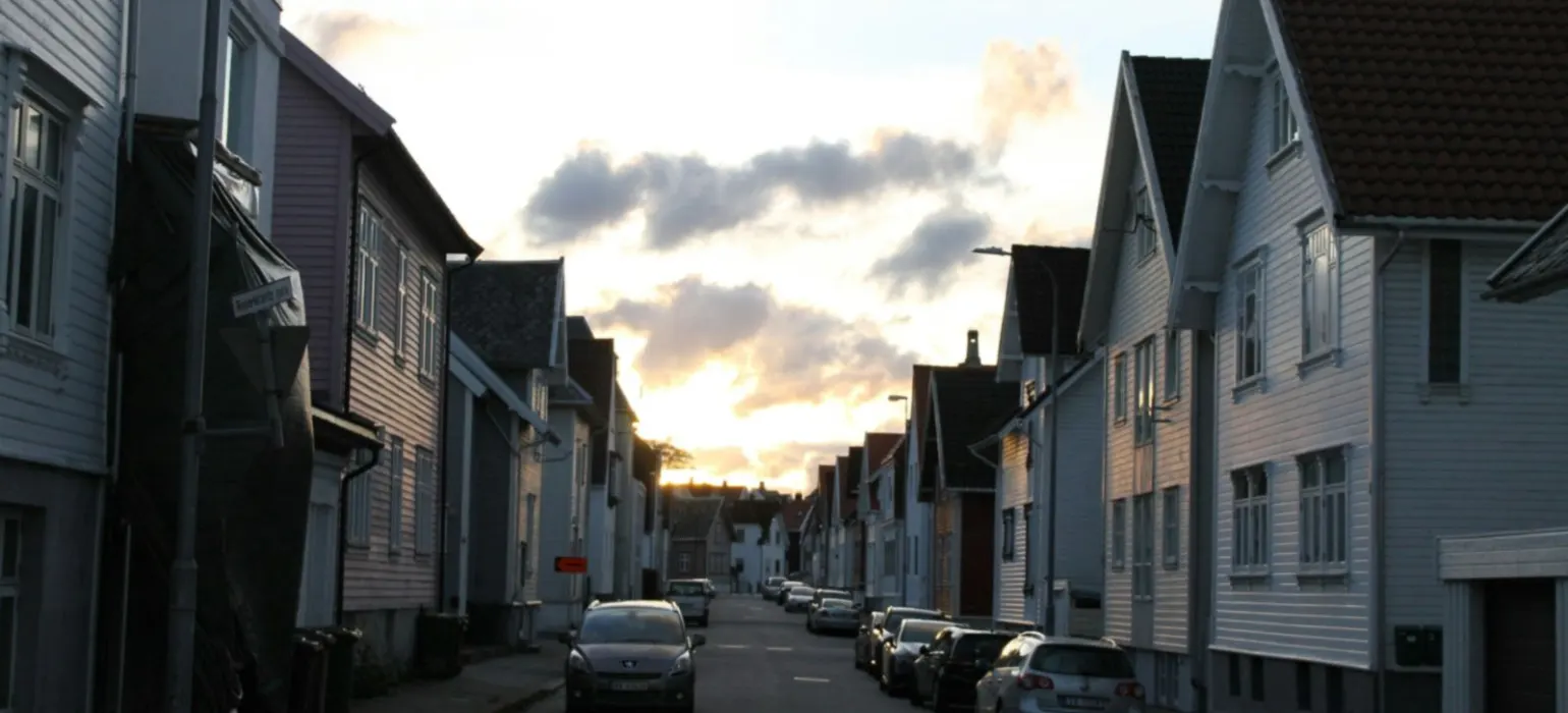 Street lined with houses at dusk