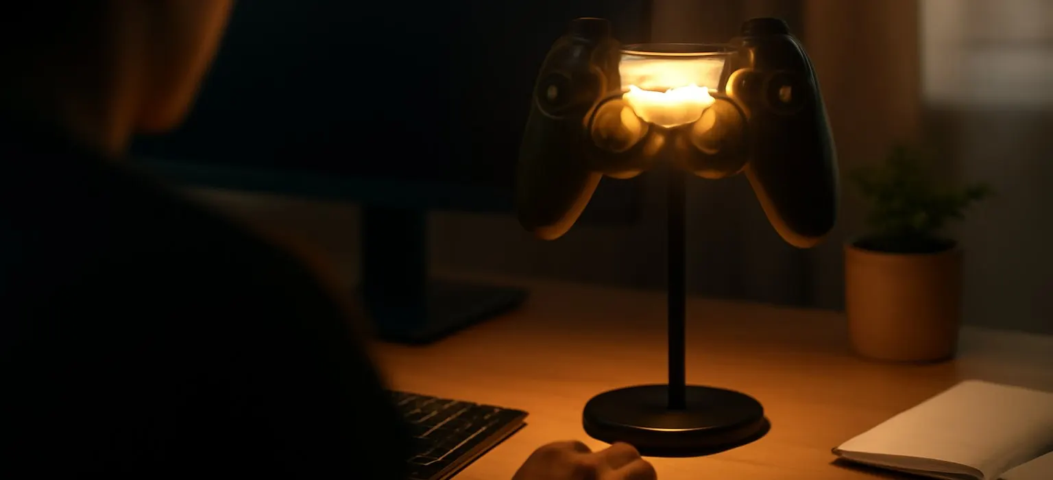 A game controller resting on a desk under a warm lamp in a quiet room at evening