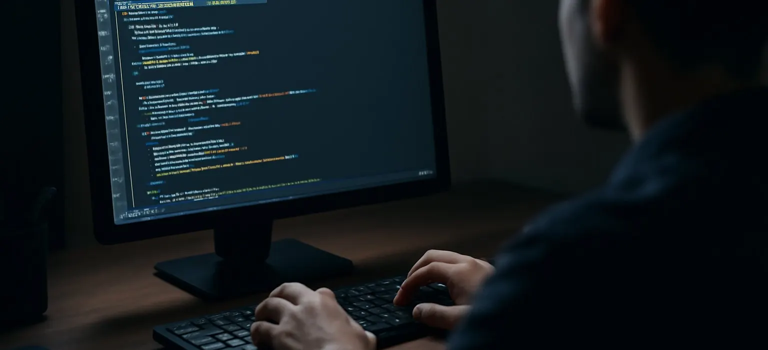 A computer monitor displaying neatly indented code in a dim, quiet workspace