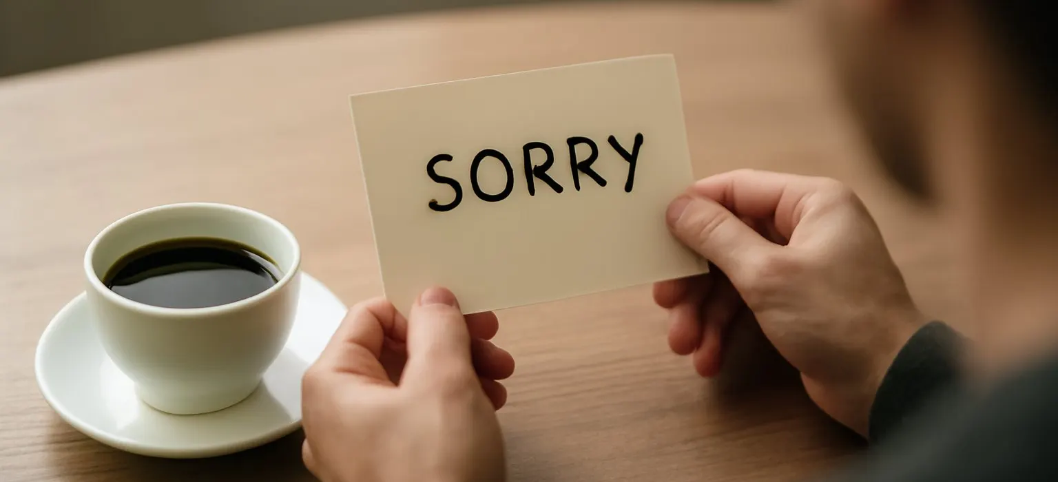 A coffee cup next to a folded handwritten note on a cafe table