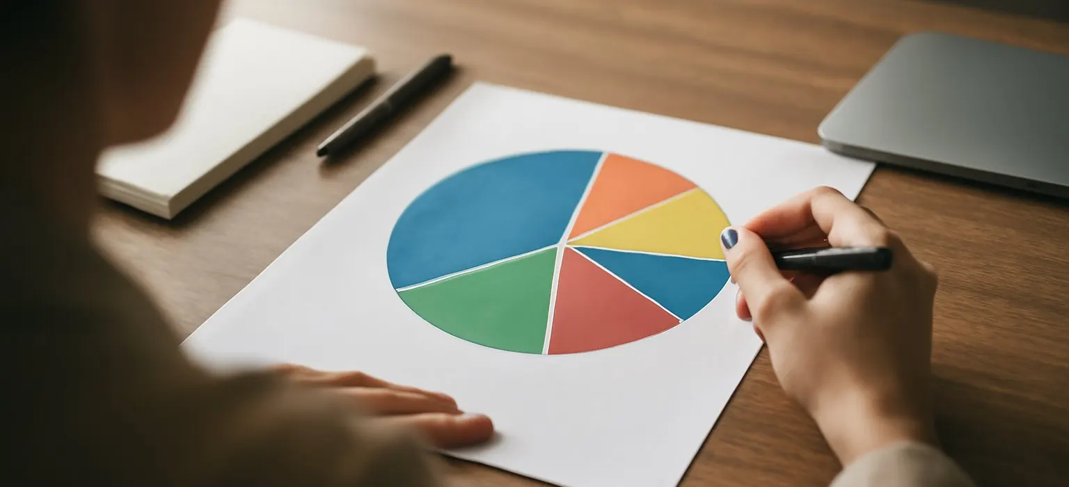 A printed pie chart on a desk next to a pen and calculator