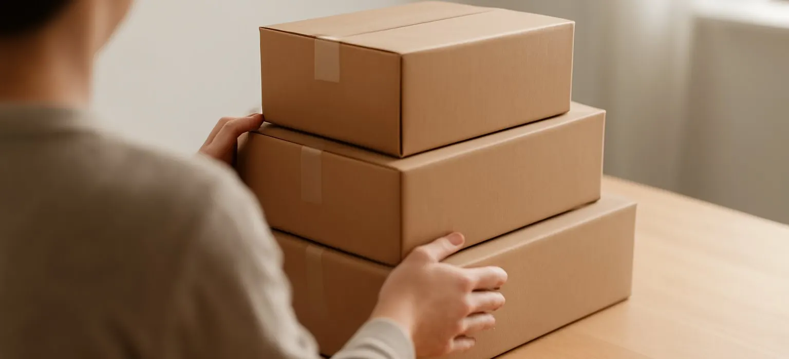 Several brown cardboard shipping boxes, tape and packing paper arranged on a wooden table
