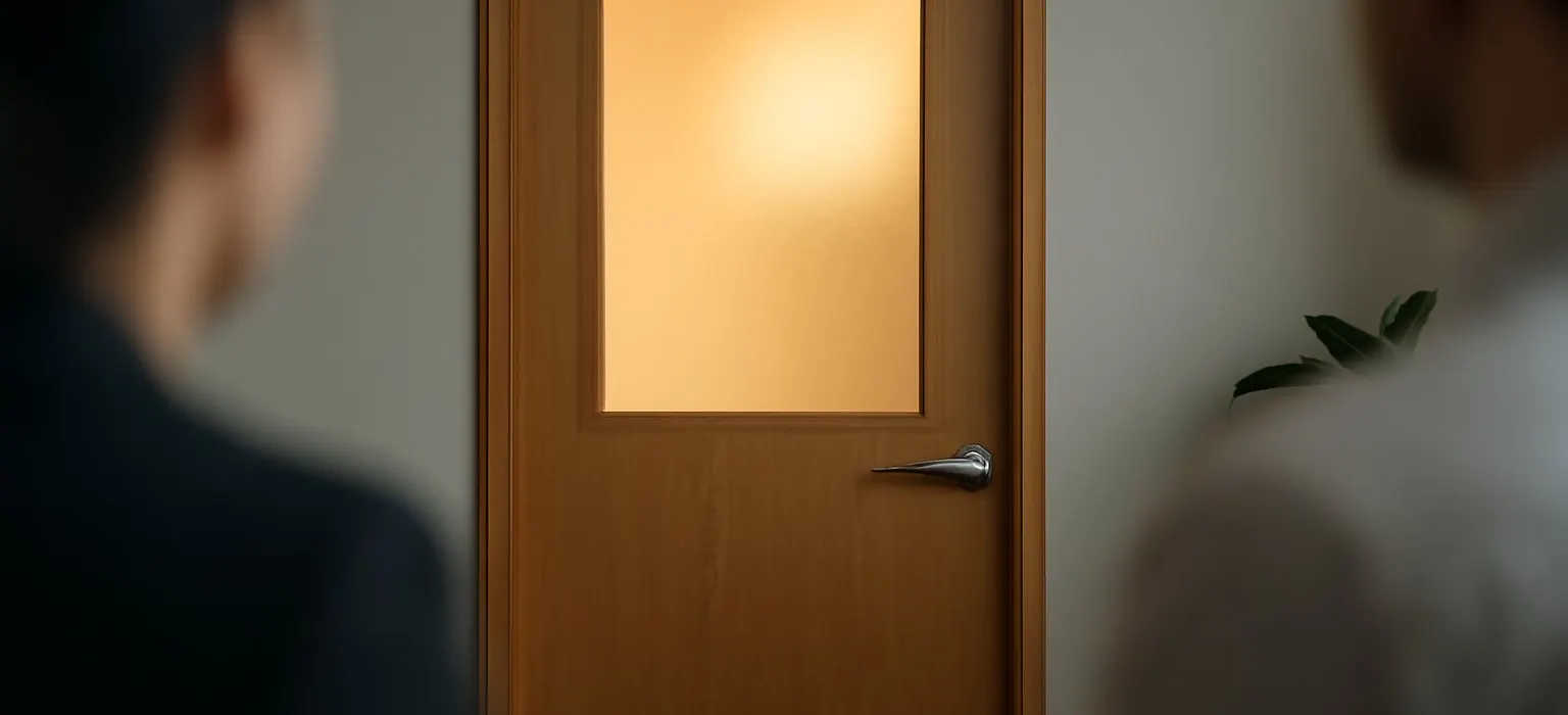 A closed wooden office door with soft light coming from underneath it