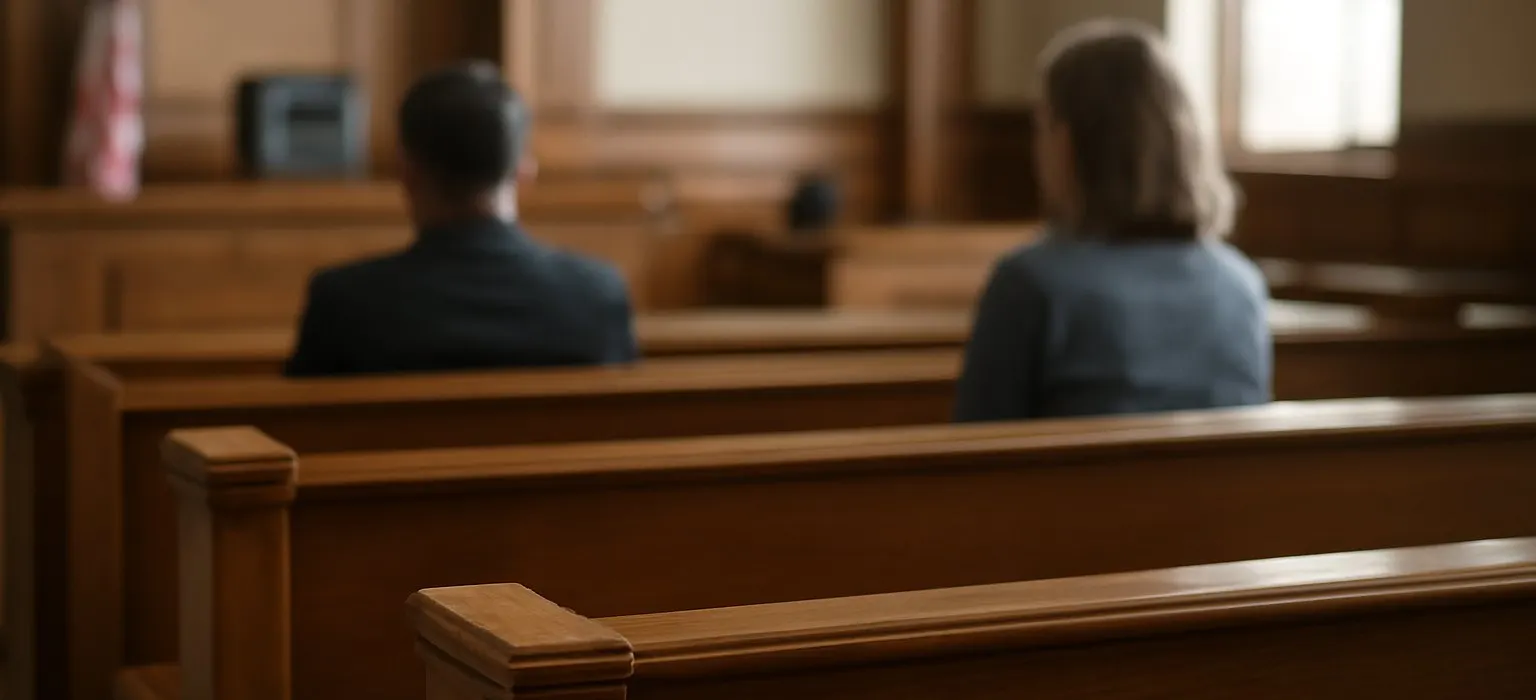 Rows of empty wooden benches facing the front of a quiet courtroom
