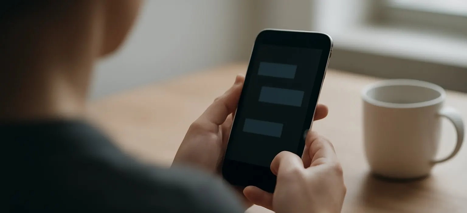 A phone on a desk showing a list of text message notifications in soft light