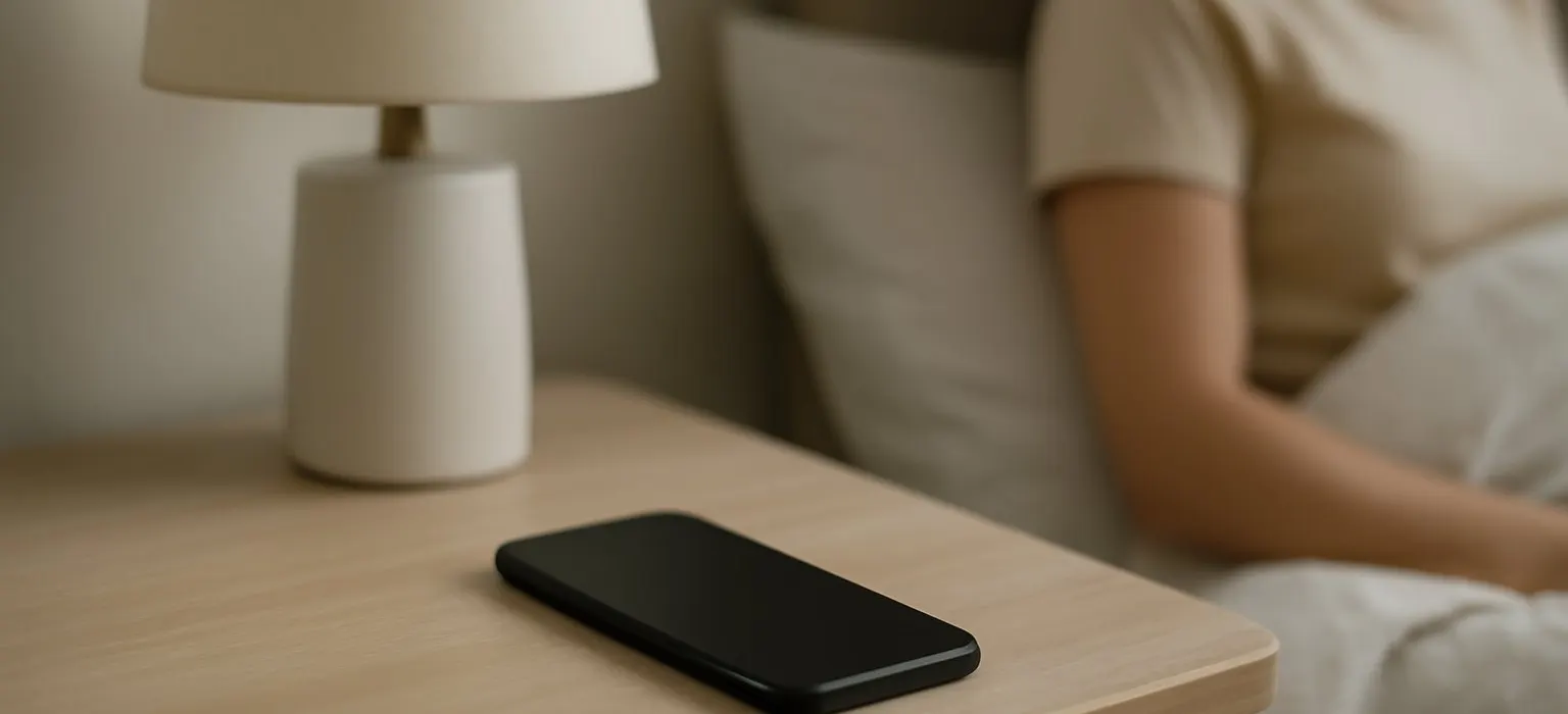 A smartphone lying face down on a bedside table next to a lamp