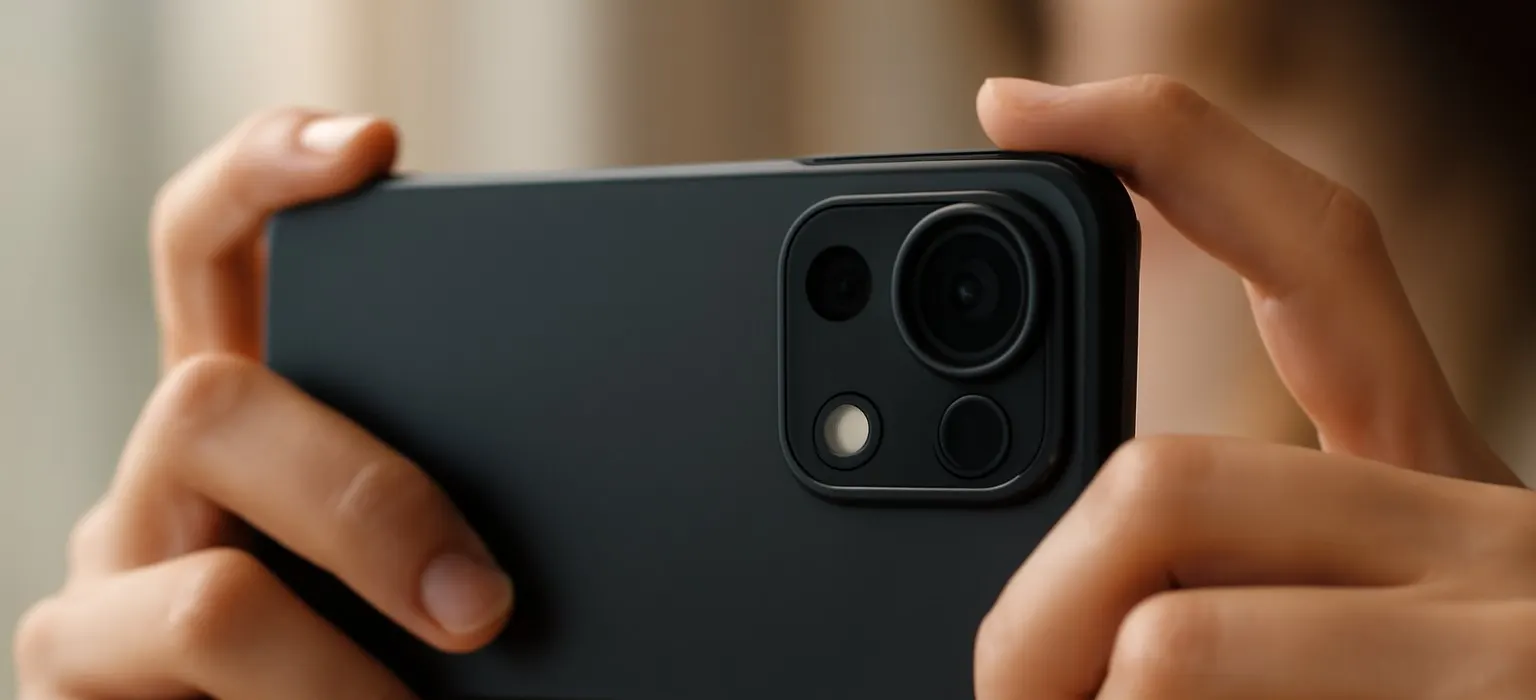A close-up of a smartphone's camera lens on a plain background