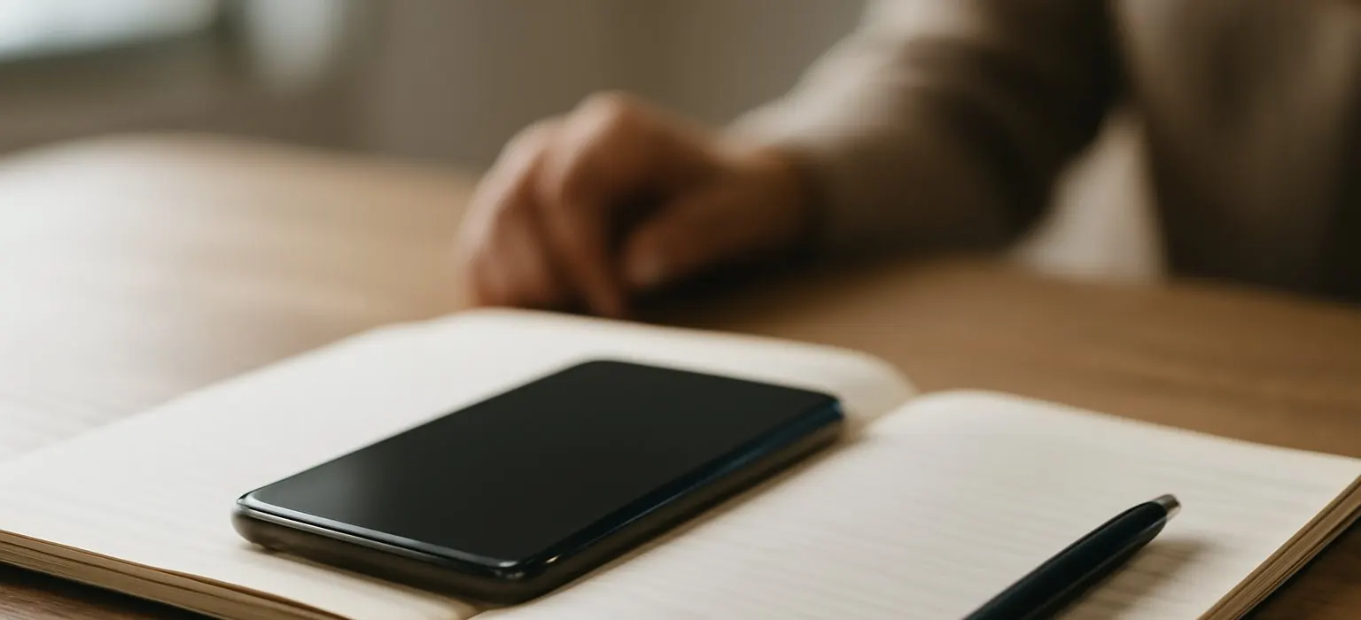 A smartphone lying face up on a desk beside an open notebook and pen