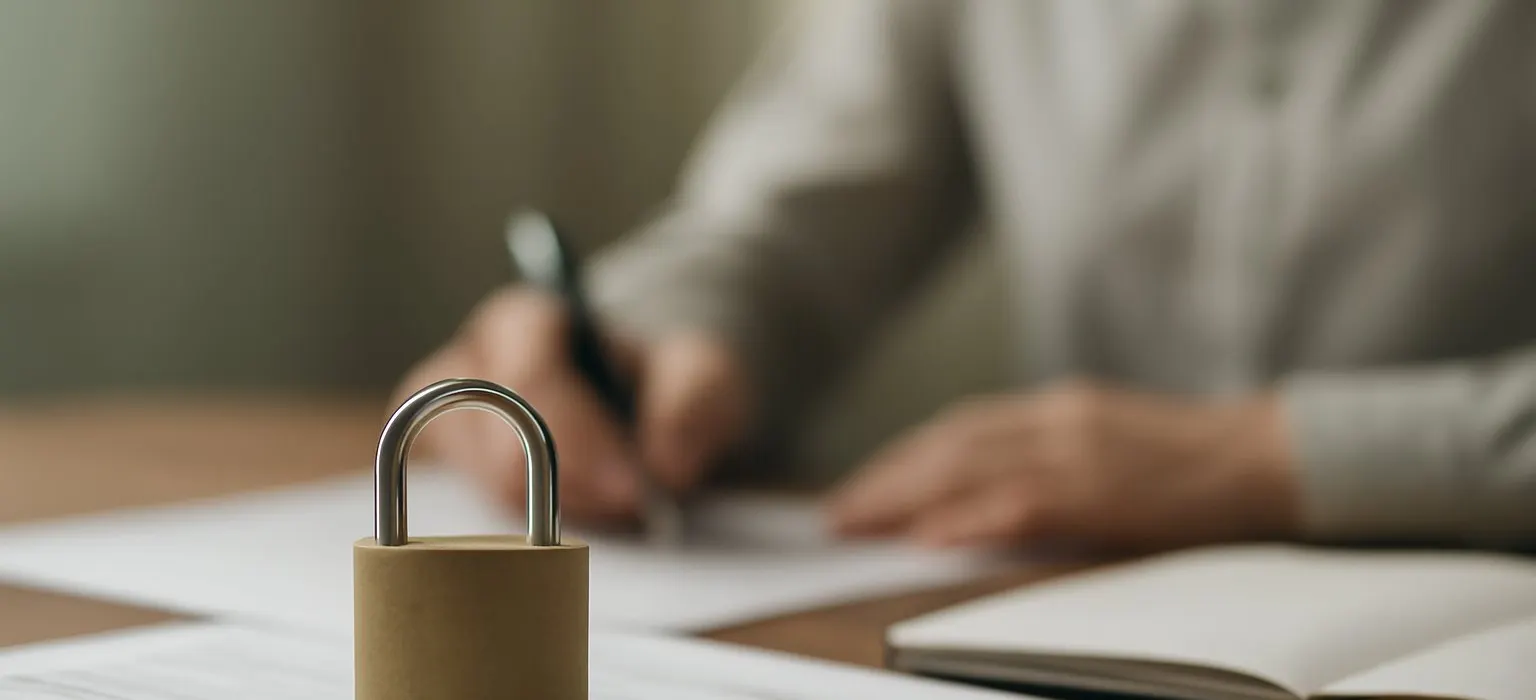 A small padlock resting on a stack of paper documents on a wooden desk