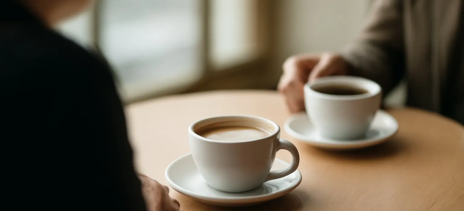 Several coffee cups arranged on a round wooden table in a quiet meeting space
