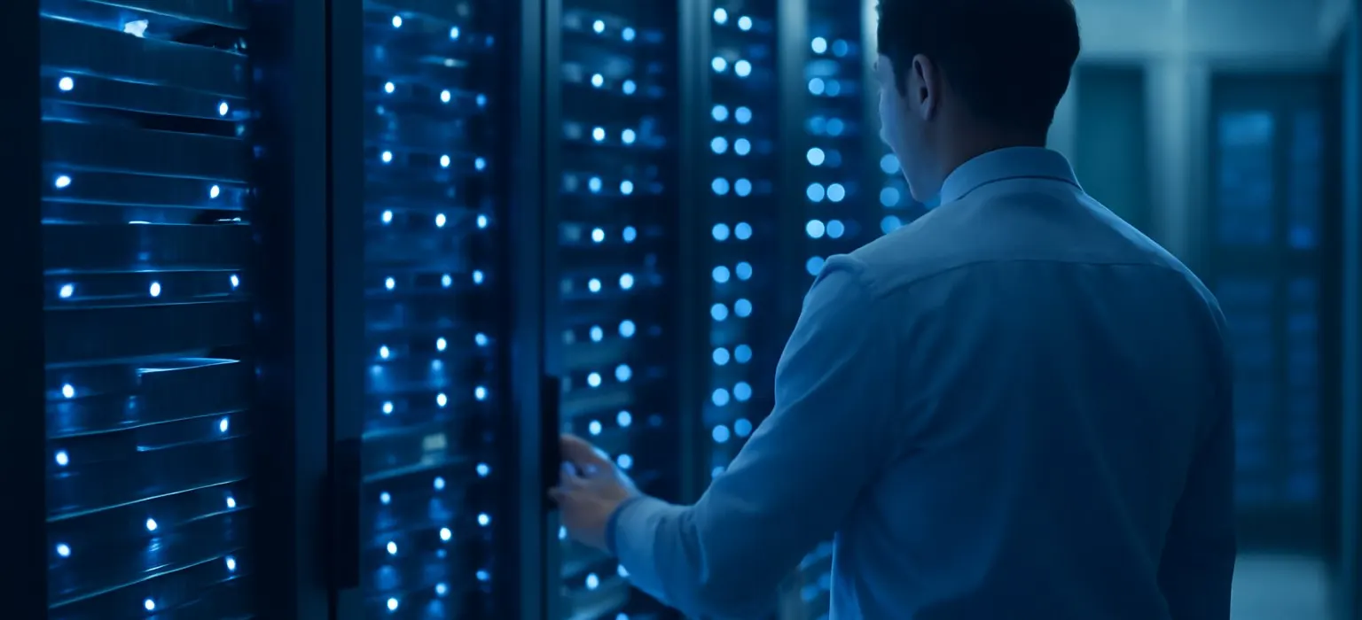 Rows of server racks with small blue indicator lights in a dim data center